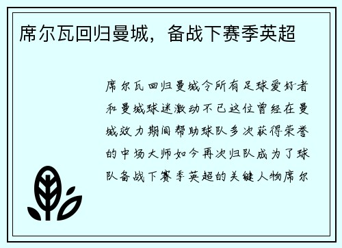 席尔瓦回归曼城，备战下赛季英超